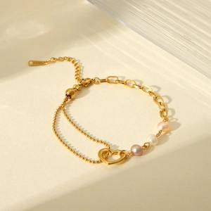 Double-layer gold stainless steel bracelet with heart pendant and three colorful pearls