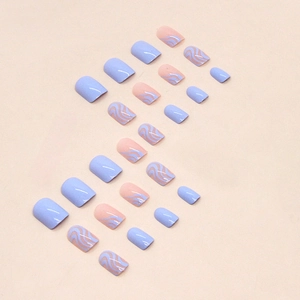 Short wave blue press-on nails with minimalist design and glossy finish 24pcs set