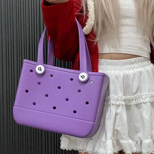 Waterproof purple EVA beach tote bag with large capacity and hollow hole design