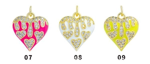 Detail of 18K gold plated heart charms with enamel drip and micro-paved zircons