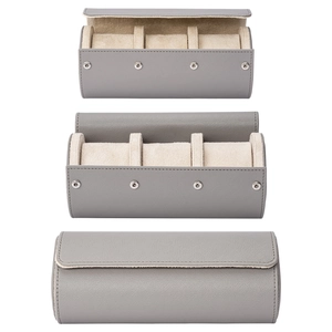 Portaorologi cilindrico grigio in pelle PU con tre scomparti e interno in velluto beige