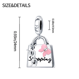Detailed dimensions of silver shopping bag charm with pink bow and glasses pendant