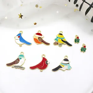 Colorful Bird Enamel Alloy Charms For DIY Jewelry Making Christmas Theme Robin Magpie Oriole Sparrow Holly Leaf Pendants