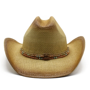 Western style woven straw cowboy hat with colorful beaded band and amber stone