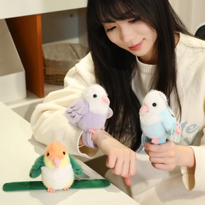 Three cute plush parrot snap bracelets in purple, blue and orange for girls' accessories