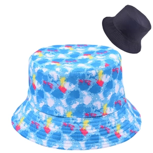 Detail of reversible tie-dye leopard bucket hat showing blue ink textures and solid black interior