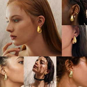 Minimalist 18K gold teardrop earrings with a polished finish shown on models
