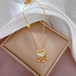 Titanium steel long-life lock necklace in gold with mother of pearl and small bells