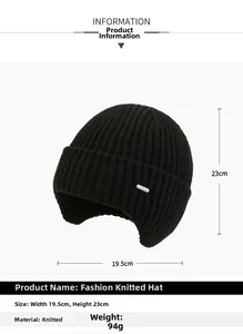 Detailed size specifications for the knitted winter hat with earflaps and metal logo