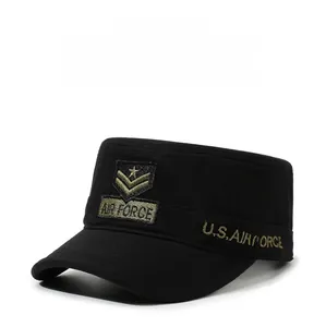 Close-up detail of military style flat top cap with Air Force embroidery and star emblem