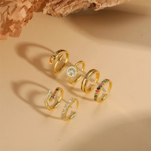 Vintage Copper Zirconia Shell Open Ring For Women Adjustable Gold Plated Crescent Moon Star Finger Ring Fashion Jewelry