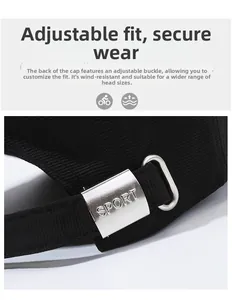 Detail of adjustable metal buckle with SPORT engraving on black baseball cap back
