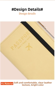 Detail of RFID yellow PU leather passport holder with elastic strap and engraved text