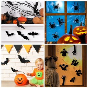 Halloween Wall Stickers Decals 3D Black PVC Bat Spider Ghost Silhouette Waterproof For Home Window Party Decor