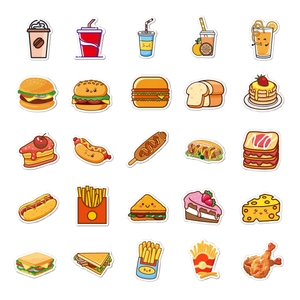 Detailed close-up of 25 waterproof vinyl cartoon food stickers with vibrant colors