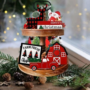 Close-up of rustic wooden tiered tray decor with farmhouse reindeer and red truck