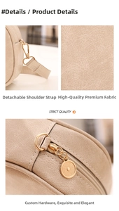 Detail view of beige round bag showing litchi leather texture and gold hardware