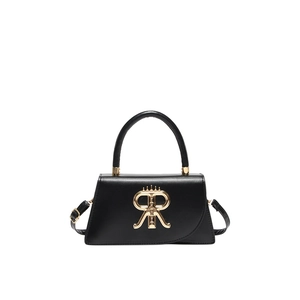 Elegant black leather handbag with golden RR crown logo and detachable shoulder strap