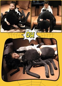 Lifestyle photos of a woman hugging a large black spider plush toy in comic book style
