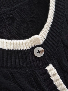 Detail of contrast rib knit neckline and marble texture button on a black cardigan