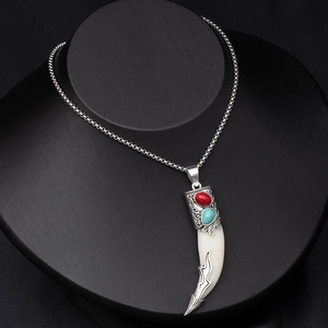 Vintage wolf tooth pendant necklace for men with turquoise and red stone accents