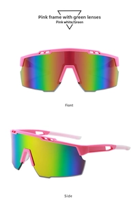 Detailed front and side views of pink and white cycling sunglasses with green lens