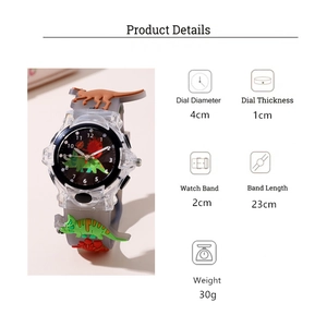 Detailed dimensions of kids' dinosaur watch with 3D silicone strap and 4cm dial
