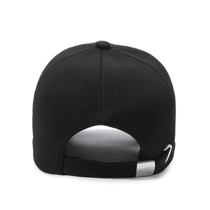 Rear view of black cotton twill baseball cap with adjustable strap and metal hardware
