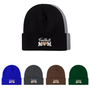 Football Mom Embroidered Acrylic Knit Beanie Hat For Women Winter Warm Soft Ribbed Cuffed Skull Cap Sports Fan Gift