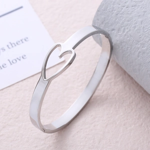 Minimalist 18K silver plated stainless steel open bangle with hollow heart design