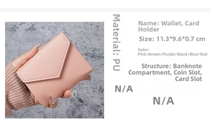 Pink PU leather slim wallet showing dimensions 11.3x9.6x0.7cm and internal layout
