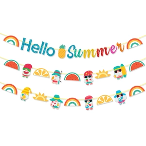 Hello Summer glitter banner set with pineapple, watermelon, and gnome summer decorations