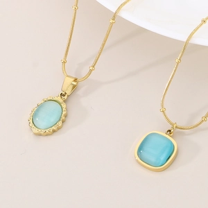 French vintage gold snake chain necklace with oval and square opal pendants