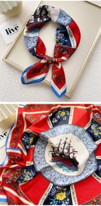 Detailed nautical print silk scarf featuring vintage ship and floral pattern design