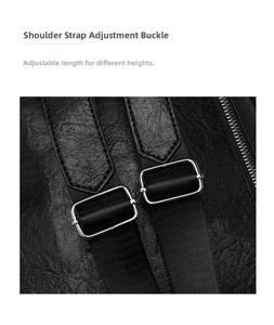 Detail of adjustable metal buckles on high-density nylon straps of a soft leather backpack