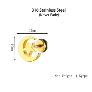 Minimalist 316L stainless steel moon and star stud earrings for men with gold plating