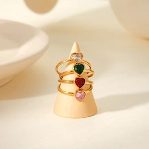 Set of four 18k gold plated stainless steel heart gemstone rings in various colors
