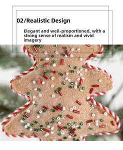 Detail of gingerbread man ornament with colorful beads, glitter, and woven rope trim