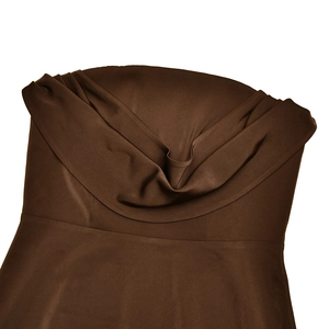 Close-up of elegant dark brown satin cowl neckline on a backless sleeveless evening gown