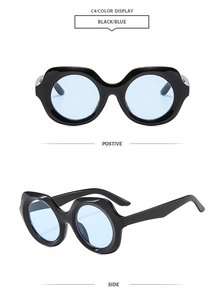 Front and side views of black oversized sunglasses with transparent blue lenses