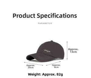 Detail view of a gray cotton baseball cap showing 13cm height and 82g weight specs