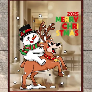Cartoon snowman and reindeer window sticker with 2025 Merry Christmas greeting text