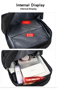 Macro view of the internal storage and padded laptop compartment in the black backpack