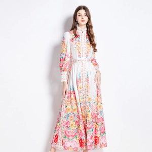 Floral print maxi dress with stand collar and long sleeves for elegant spring fashion