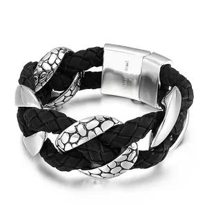 Men's Braided Leather Bracelet With 316L Stainless Steel Scale Texture Clasp Punk Retro Hip Hop Jewelry