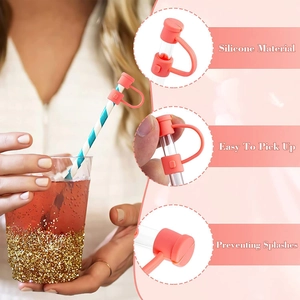 Pink silicone straw cover cap for 8-10mm straws showing splash-proof usage and details