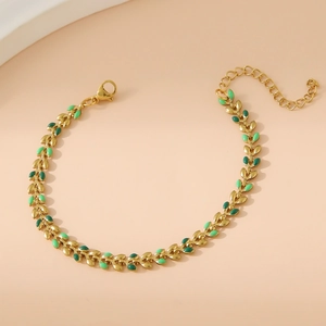 Bracelet doré en acier inoxydable en forme de feuille avec émail vert pour femme