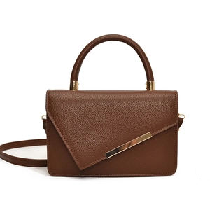 Brown litchi texture small square bag with diagonal flap and gold metal trim