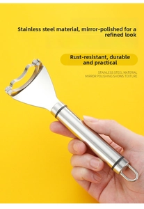 Macro detail of the polished stainless steel corn peeler with integrated hanging hook