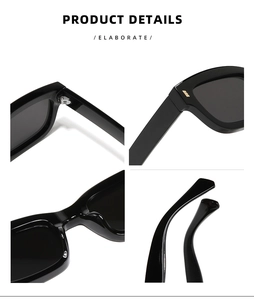 Détail des lunettes de soleil noires brillantes avec charnières en métal et plaquettes